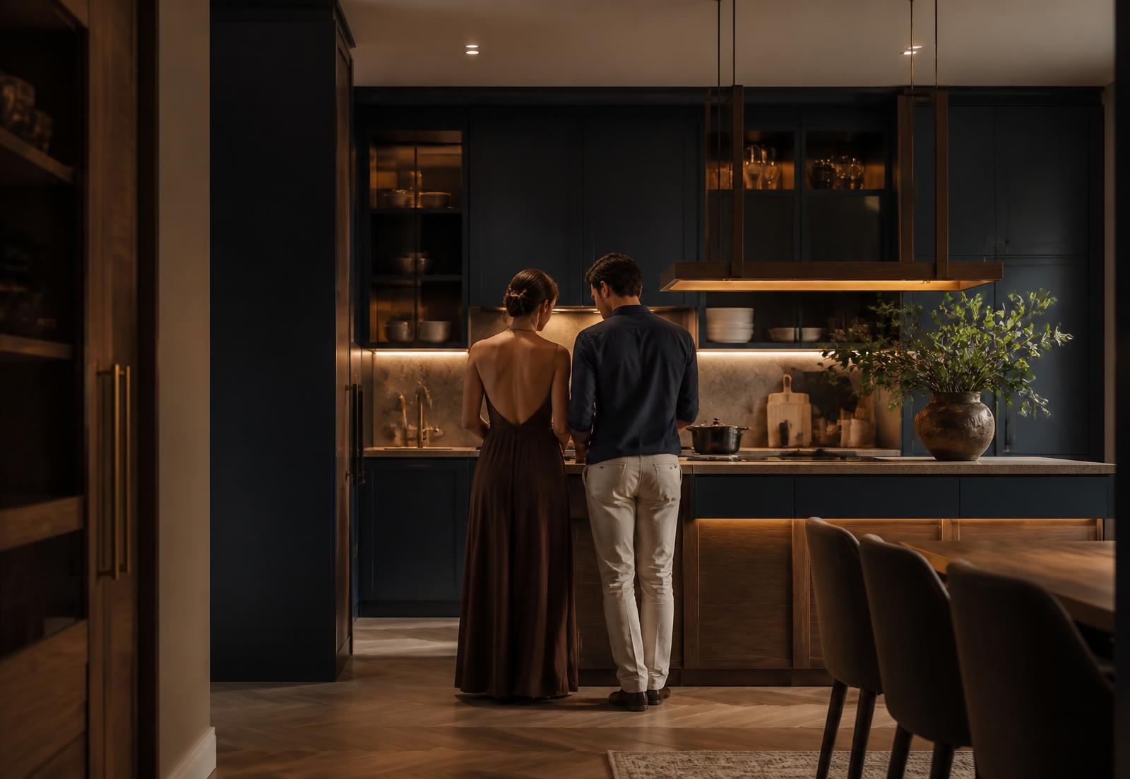 Casal em uma cozinha planejada escura com marcenaria azul e iluminação embutida